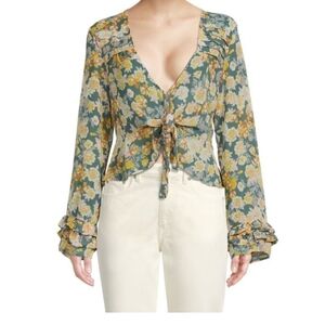 Free People Orange Tan Floral Tie-Front Blouse